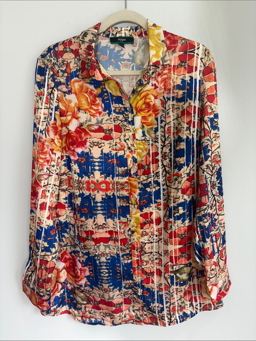GUESS Floral & Stripe Button-Down Shirt — Blue, Red, Yellow, Cream
